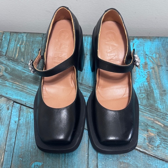 Ganni Embellished Leather Mary Jane Pumps Square Toe Chunky Size 38 = Size 8 - Picture 3 of 15